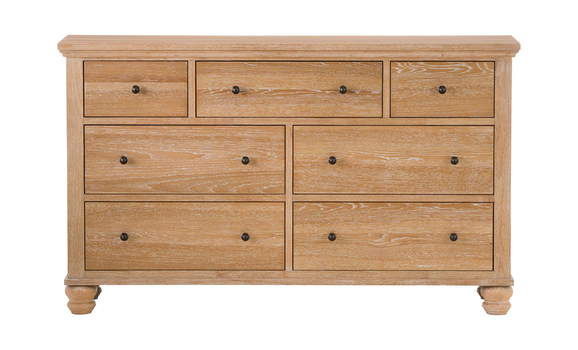 Wooden dresser with multiple drawers on a white background